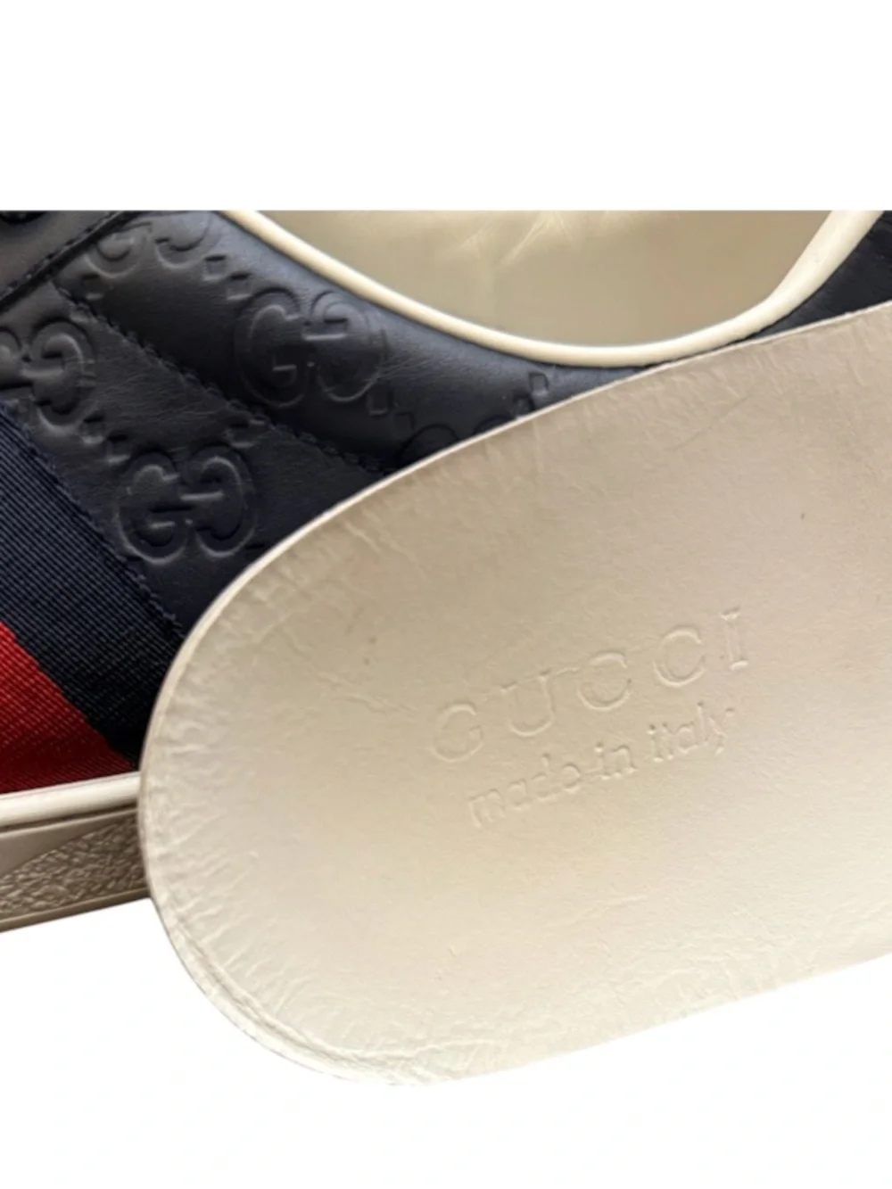 GUCCI - NAVY BLUE ALL LEATHER EMBOSSED MONOGRAM “ACE GG SUPREME” SNEAKERS